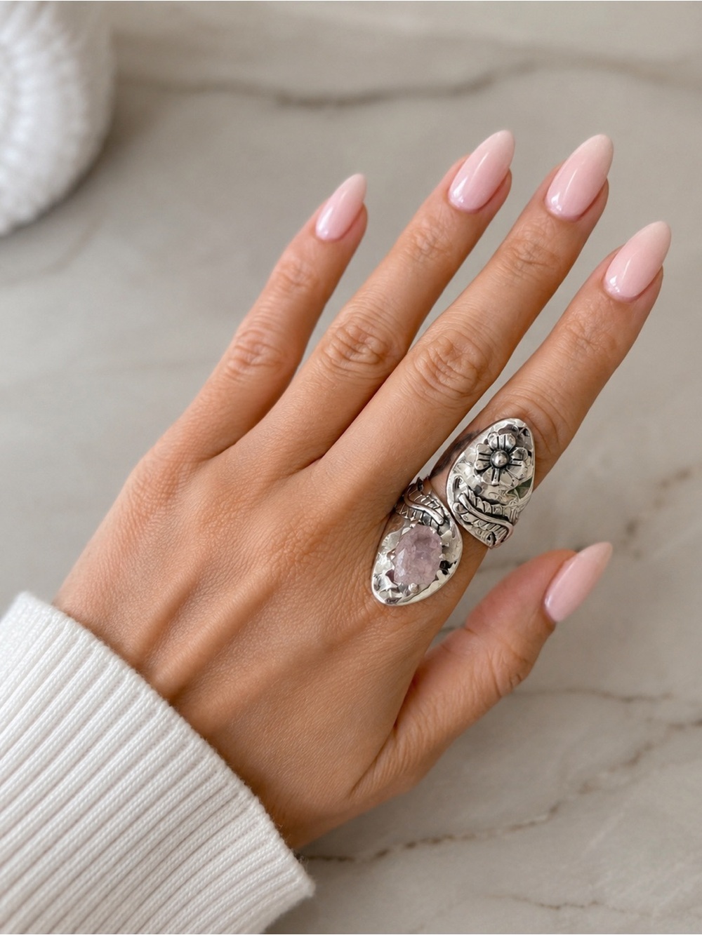 Handcrafted Sterling Silver Floral and Kunzite Gem Stone Open Ring - Pink Stone